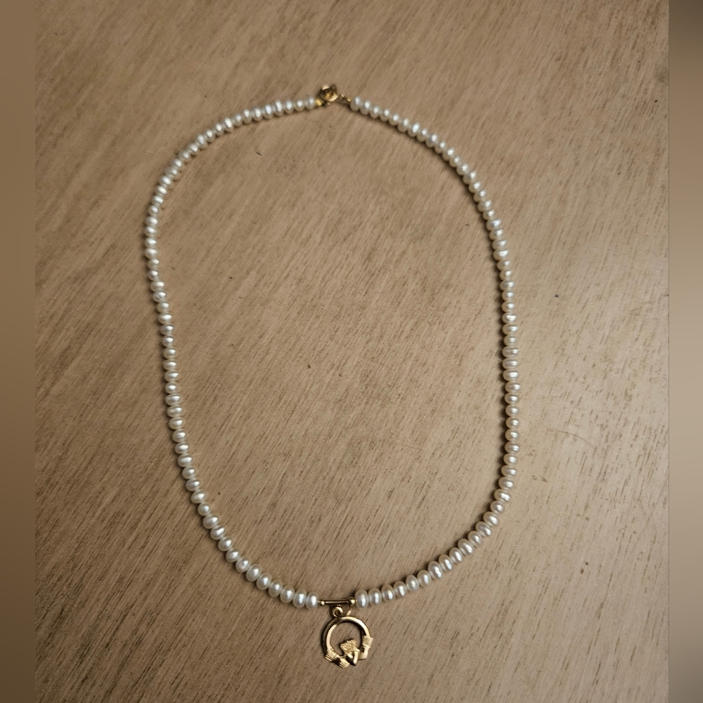 Vintage Ireland 14K Yellow Gold Genuine Pearl CLADDAUGH Pendant 16” Necklace!